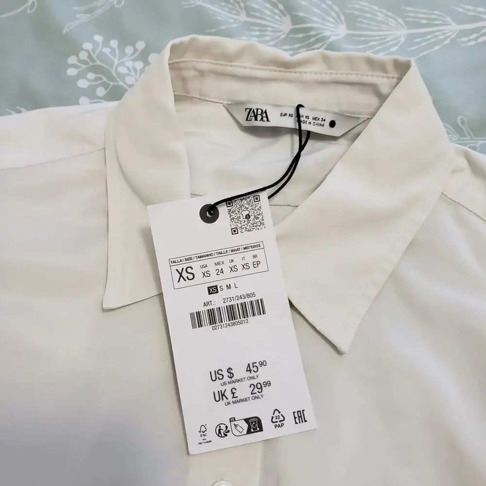 Zara lapel collar shirt short puffy sleeve Sz XS NWT Academia School Girl
